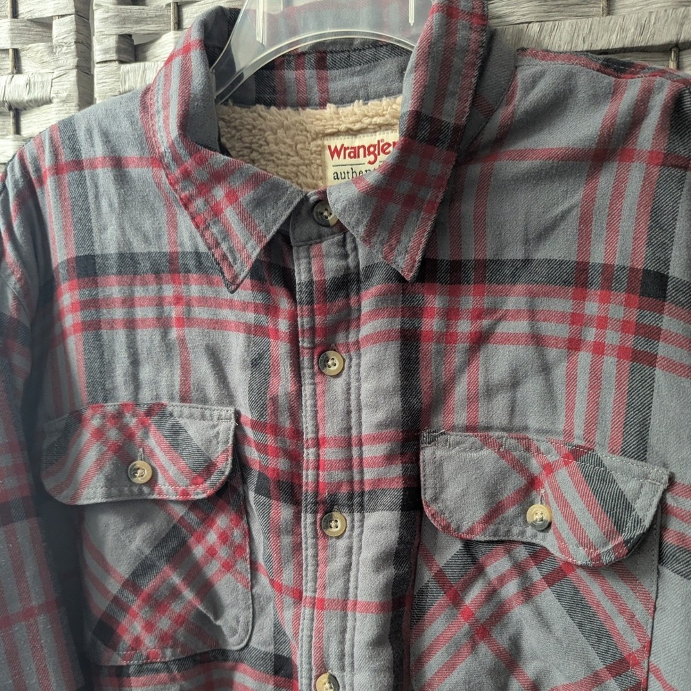 Wrangler Shirt Jacket Shacket Grey Red Plaid Sherpa Lined Flannel XL Rugged